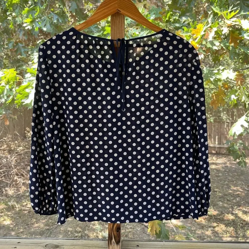 J.Crew Women's Navy & White Polka Dot 100% Silk Blouse Size L